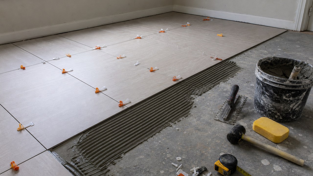 Tile floor installation close-up with spacers and leveling clips in a Brevard County home
